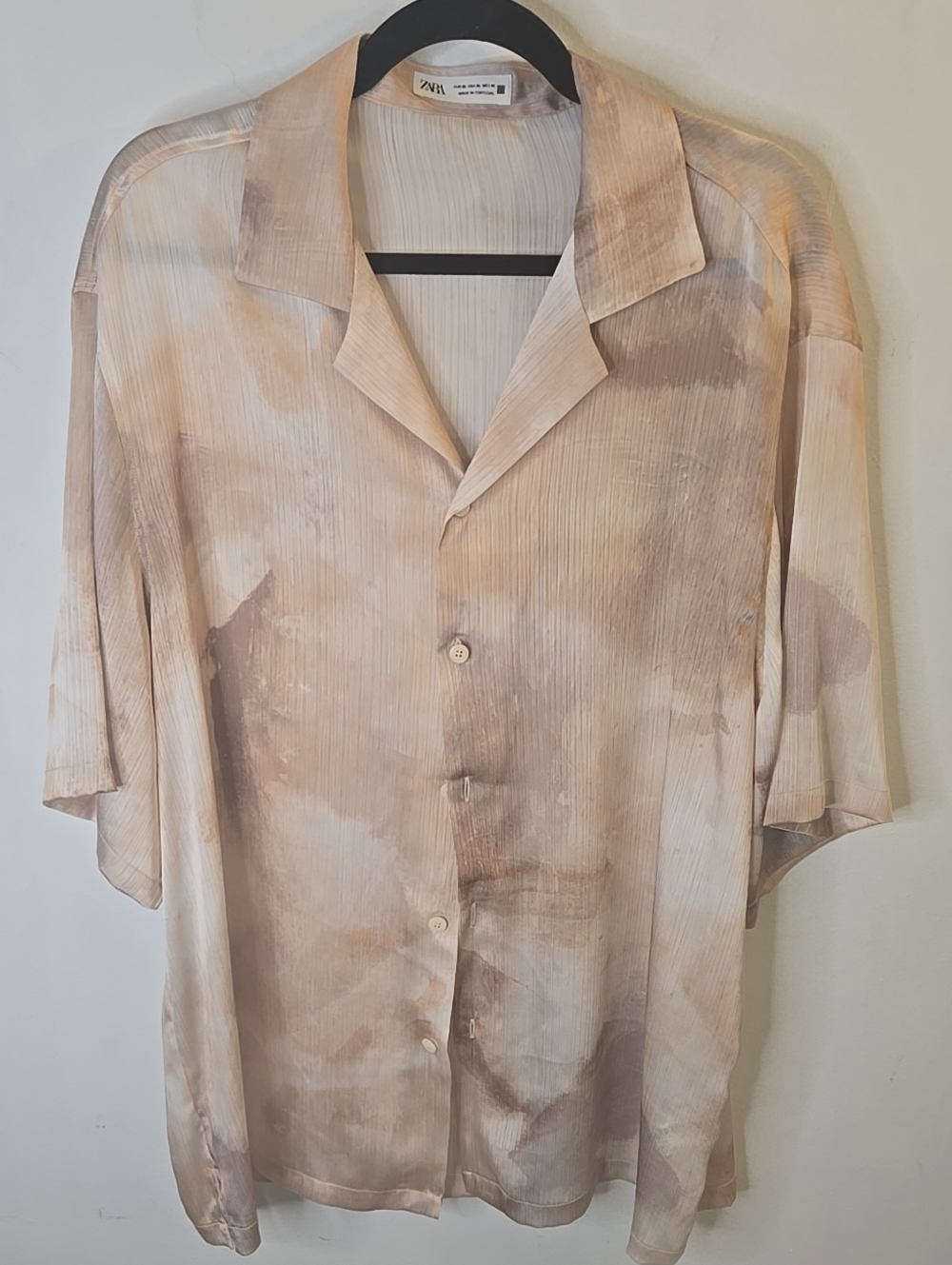 Zara Men Beige Washed Rayon Short-Sleeve Shirt